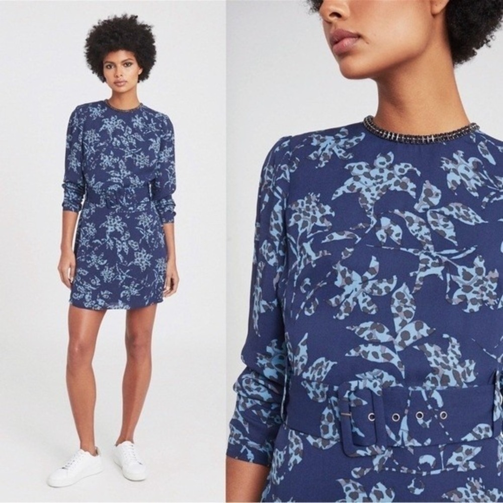 Reiss Melody Dress Womens 6 Blue Floral Leopard Hand Embellished Belted Mini